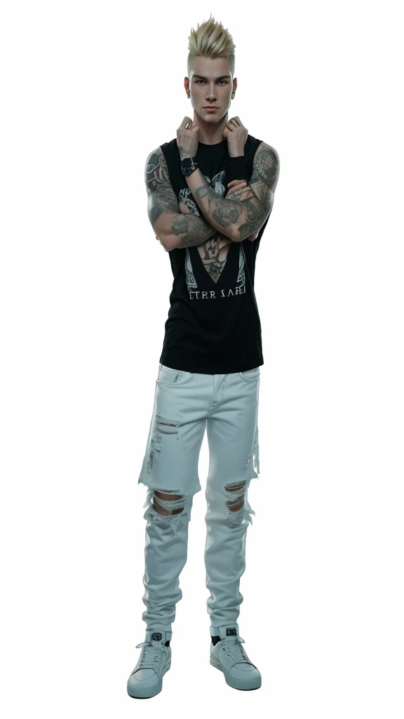 A strong man with fair skin and full body, with short blonde hair, clean shaven, with tattoos on the arm, with a black t-shirt and fashionable low-cut white jeans.