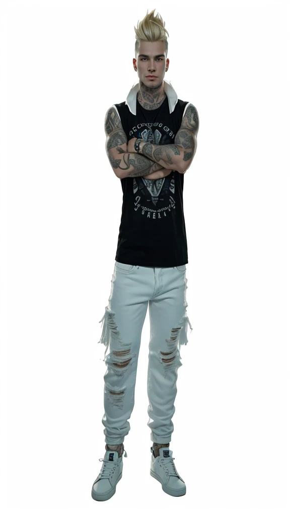 A strong man with fair skin and full body, with short blonde hair, clean shaven, with tattoos on the arm, with a black t-shirt and fashionable low-cut white jeans.