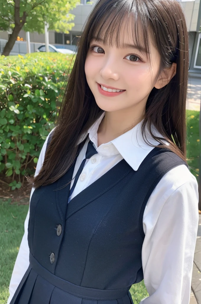 (Highest quality,8K quality,masterpiece:1.3),(超A high resolution,Photorealistic:1.4,RAW Photos),(Very detailed,Caustics,Detailed Background),(Ultra-Realistic Capture,Fine and beautiful skin,Perfect Anatomy),Daytime,School,Schoolyard,18-year-old,cute,single eyelid,Black Hair,Schoolのブレザーの制服,Laughter,Bust up shot,Natural soft light,photorealistic,I can see your feet,b-cup