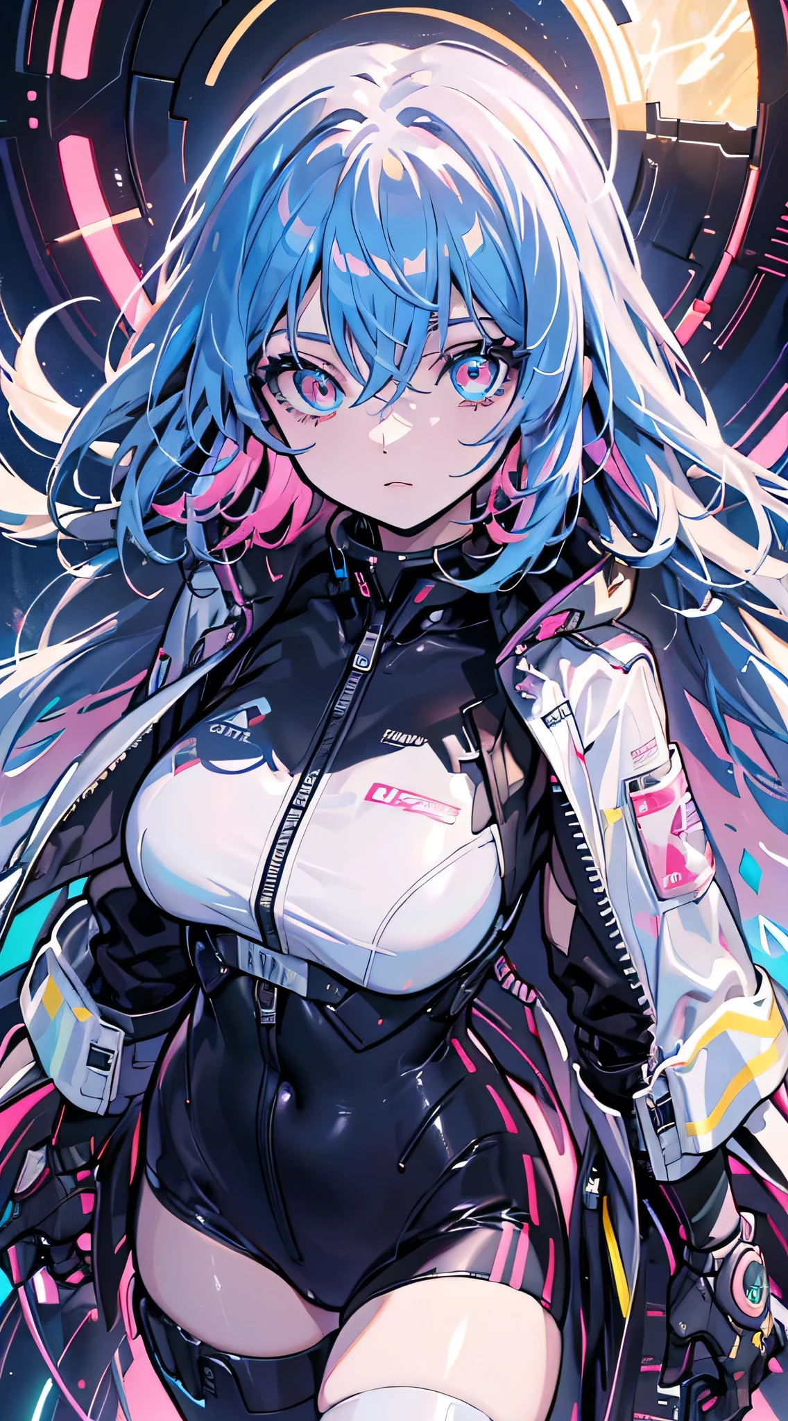 glowing eyes, colourful glowing hair, wearing sci-fi jacket, anime style, high detail, Futurism, glowing light, UHD, retina, masterpiece, ccurate, anatomically correct, textured skin, super detail, high details, high quality, award winning, best quality, highres
