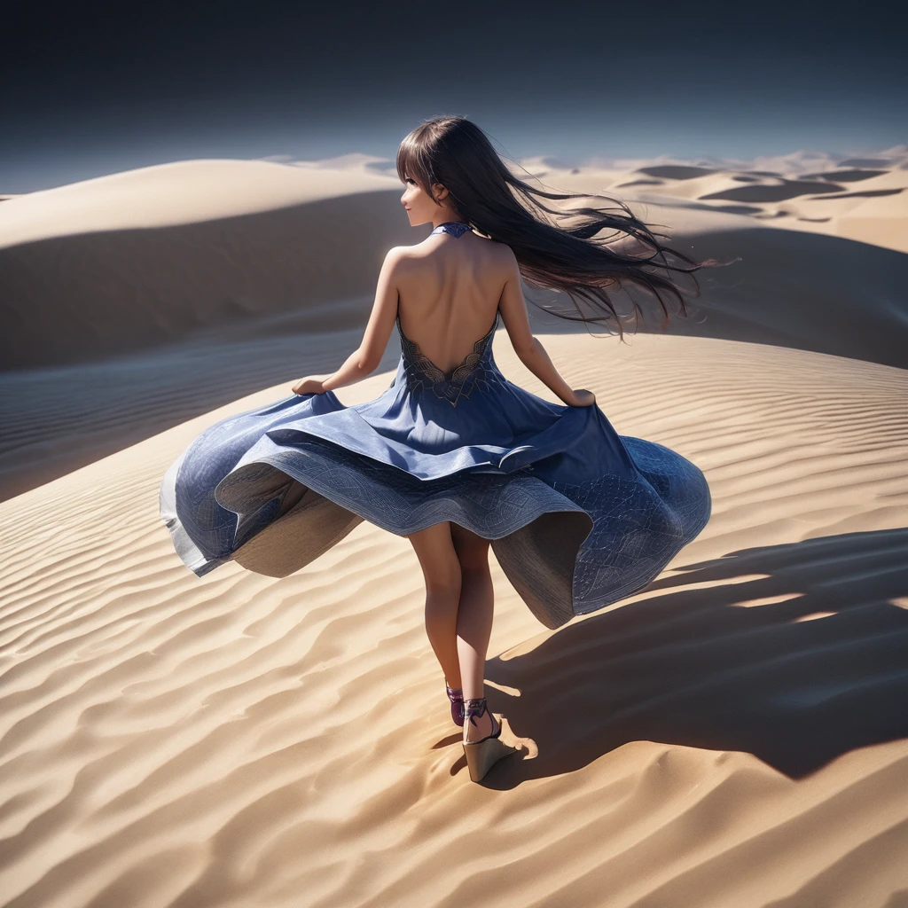 (masterpiece, photo_real, octane-render):1.4, magnificent view, far away light,whole surface lake, sand dunes (Tottori:1.3), (sand ripples:0.95), fantastic, gentle breeze, Dazzling Atmosphere, 1 goddess, (detailed large indigo eyes:1.2), (perfect hands), Back view of girl standing on Center of sand dunes, from back, smile, (in Indigo arabesque pattern beige bare_shoulders combination panel dress), dense and delicate clothes, beautiful breasts, wedge sandals, playful, (flinching hair, Detailed black long hair):1.1, beautiful nape, diffused natural skin glow, (subjective perspective),  heavenly stars,  (dim light, light-shadow symmetry, Faintly emerge from the darkness