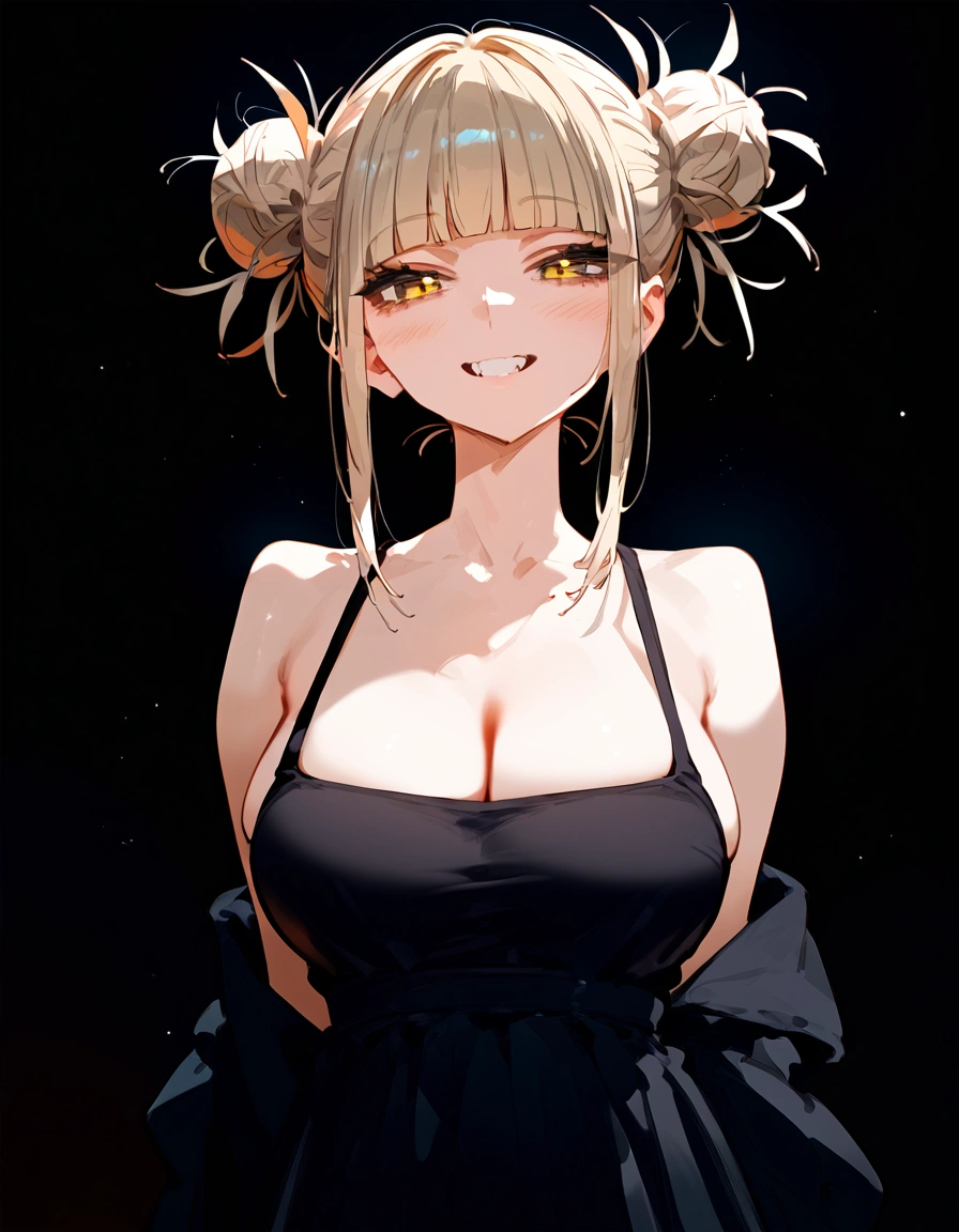 anime artwork, score_9, score_8_up, score_7_up, score_6_up, score_5_up, score_4_up, Himiko toga, big breasts, she is 24 years old, style_3, yellow eyes, black background, dress