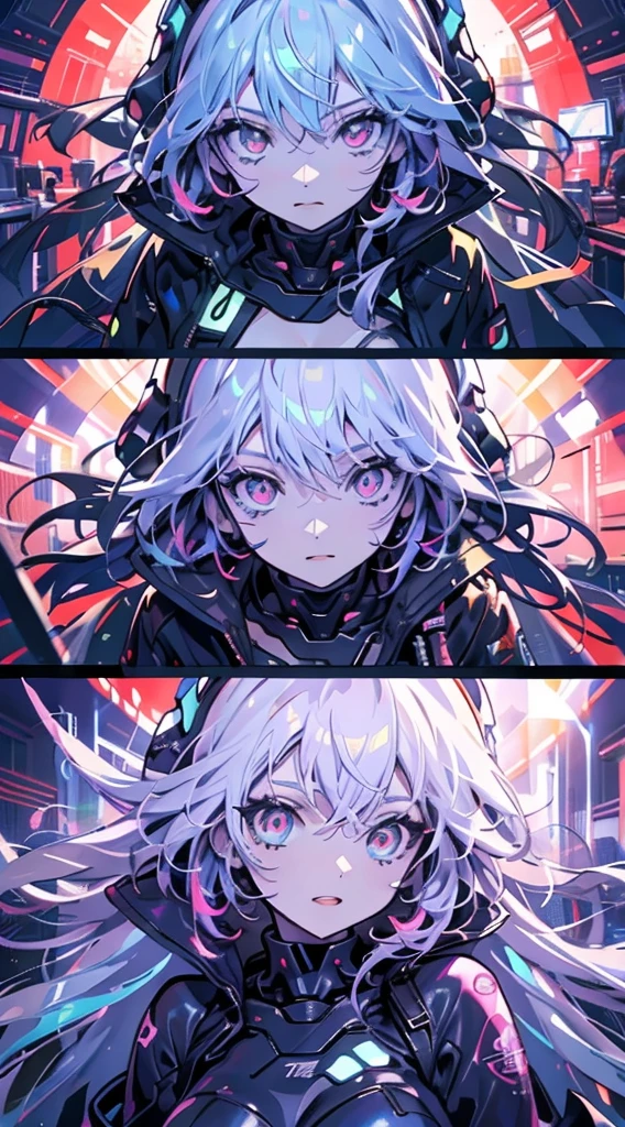 glowing eyes, colourful glowing hair, wearing sci-fi jacket, anime style, high detail, Futurism, glowing light, UHD, retina, masterpiece, ccurate, anatomically correct, textured skin, super detail, high details, high quality, award winning, best quality, highres