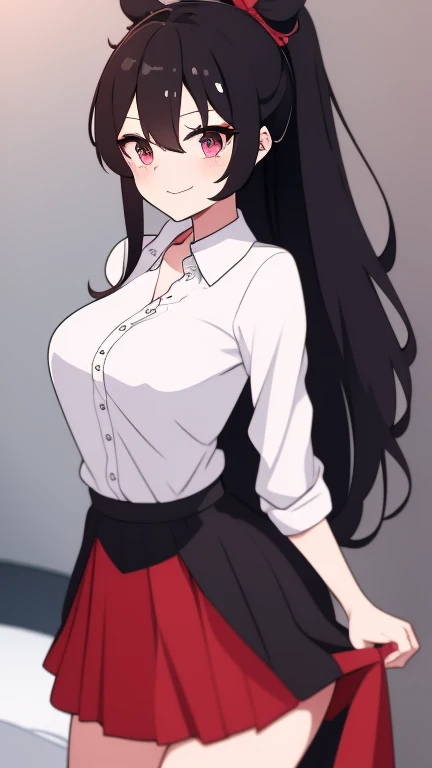high tail hairstyle, Horse tail, Long wavy black hair, standing posing, anime girl style, pixel art anime style,penetrating look with deep eyes,red and purple eyes, hair with a ponytail hairstyle trapped with a big red bun, Women, red hair clips, short white shirt, mini skirt, smiling face blush, standing in his bedroom, next to his bed, lifting her skirt