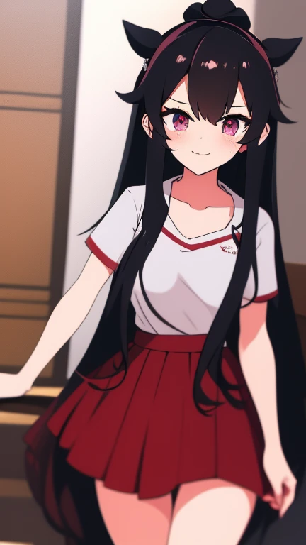 high tail hairstyle, Horse tail, Long wavy black hair, standing posing, anime girl style, pixel art anime style,penetrating look with deep eyes,red and purple eyes, hair with a ponytail hairstyle trapped with a big red bun, Women, red hair clips, short white shirt, mini skirt, smiling face blush, standing in his bedroom, next to his bed, lifting her skirt