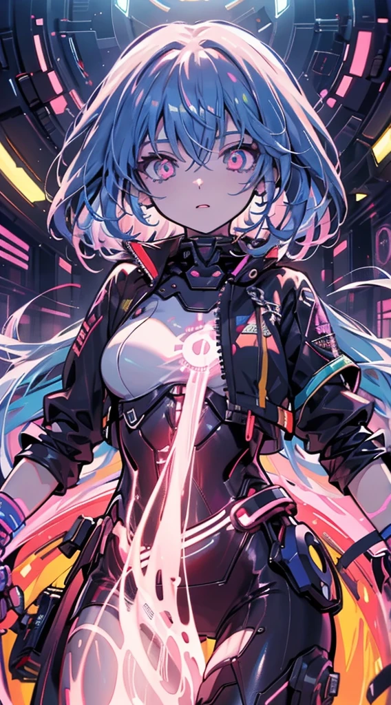 glowing eyes, colourful glowing hair, wearing sci-fi jacket, anime style, high detail, Futurism, glowing light, UHD, retina, masterpiece, ccurate, anatomically correct, textured skin, super detail, high details, high quality, award winning, best quality, highres