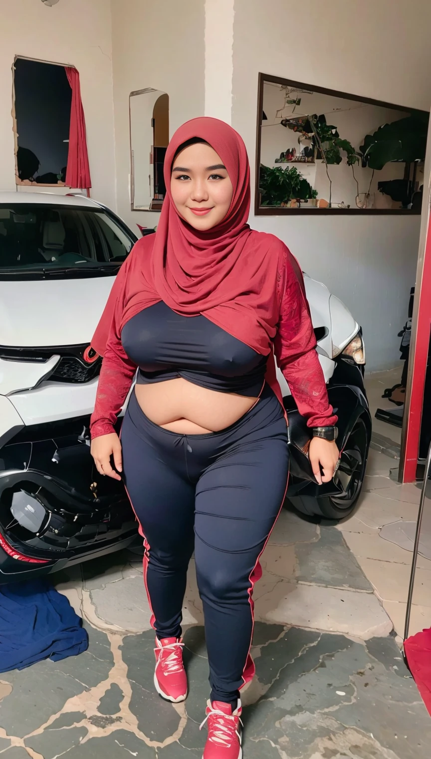 masterpiece, best quality, ultra-detailed, illustration, indonesian hijab, 1 women, forward chest, curvy body, fatty stomach, looking at viewer, best quality, (casual outfit:1.2), beautiful detailed, (background running field), full body view