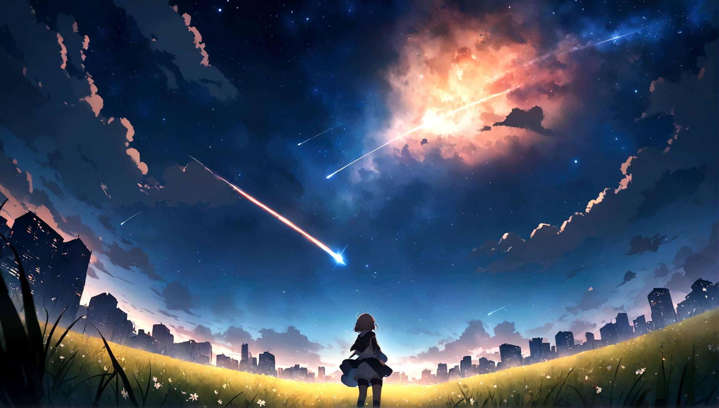 Super detailed、nostalgic appeal、City of night、The sky is wonderful、meteor、3 year old sitting on top of a building、Brown Hair、Back view、The city is bright with streetlights、Landscape Main、Highest quality、Anime Scenery、Xin Haichen、building、Field、Milky Way 110207, distant 3 year old little boyt
the performer,(Zoom out:1.1),(meteor:1.2)、(comet:1.1,yourname、Low Anglem behind、Alola、shooting star、Standing in the Field、Highest quality、masterpiece、cloud、colorful、Starry Sky、performer、