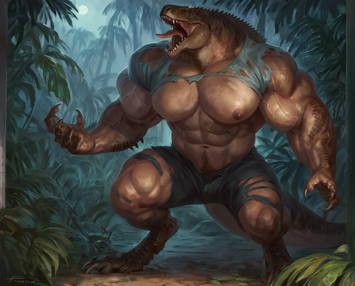 male tyranosaurus mid transformation, solo, masterpiece, hyper muscle, muscular arms, veiny arms, big pecs, best art, digitigrade, by oouna by taran fiddler, torn pants, torn shirt, detailed hands, detailed eyes, detailed torso, jungle, howling expression, transformation, human face, night, howling up, muscular, abs, nipples, bird feet