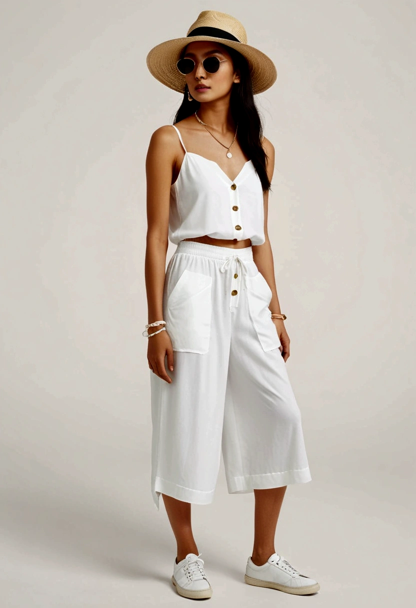 candid fashion illustration of young Asian man and woman, both aged 20 year old, ((showcase fashion look book in a White rayon outfits)), inspired by Zara's resort collection 2020 in elegant young bohemian style. The man wears an oversized short-sleeved bowling white shirt with a pocket details, paired with relaxed-fit white Sports Wide Leg Shorts Baggy short and Drawstring, He completes his look with white sneakers, sunglasses and bracelet. The woman complements him in a white Ankle-length dress in a rayon with delicate lace insets, V-shaped neckline, covered buttons down the front and an open section, spaghetti shoulder straps, Gathered tiers down the skirt and a scalloped hem, Her ensemble includes an accessorizes with a wide-brimmed straw hat, white sneakers and necklace. Captured in a low angle, ((full-body image)), ((blank background)), sketching, realistic charcoal lines, imperfect drawing, fading sketch, fashion look book, fashion illustrator, sketch design,