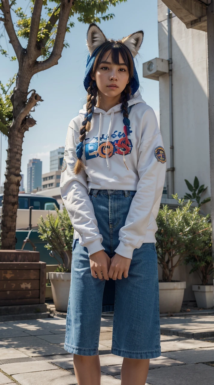 1girl, , animal ears, straight-on, full body, looking at viewer, hair between eyes, hair ornament, multicolored hair, twin braids, fox tail, multiple tails, badge, bangs, blue baseball cap, clothes writing, white clothes, hood, hood down, standing, long sleeves, closed mouth, blue skirt, solo, light blush, bare tree, building, city, cityscape, day, outdoors, street, tokyo (city), tree, (best quality,4k,8k,highres,masterpiece:1.2),ultra-detailed,(realistic,photorealistic,photo-realistic:1.37),HDR,UHD,studio lighting,ultra-fine painting,sharp focus,physically-based rendering,extreme detail description,professional,vivid colors,bokeh,concept art