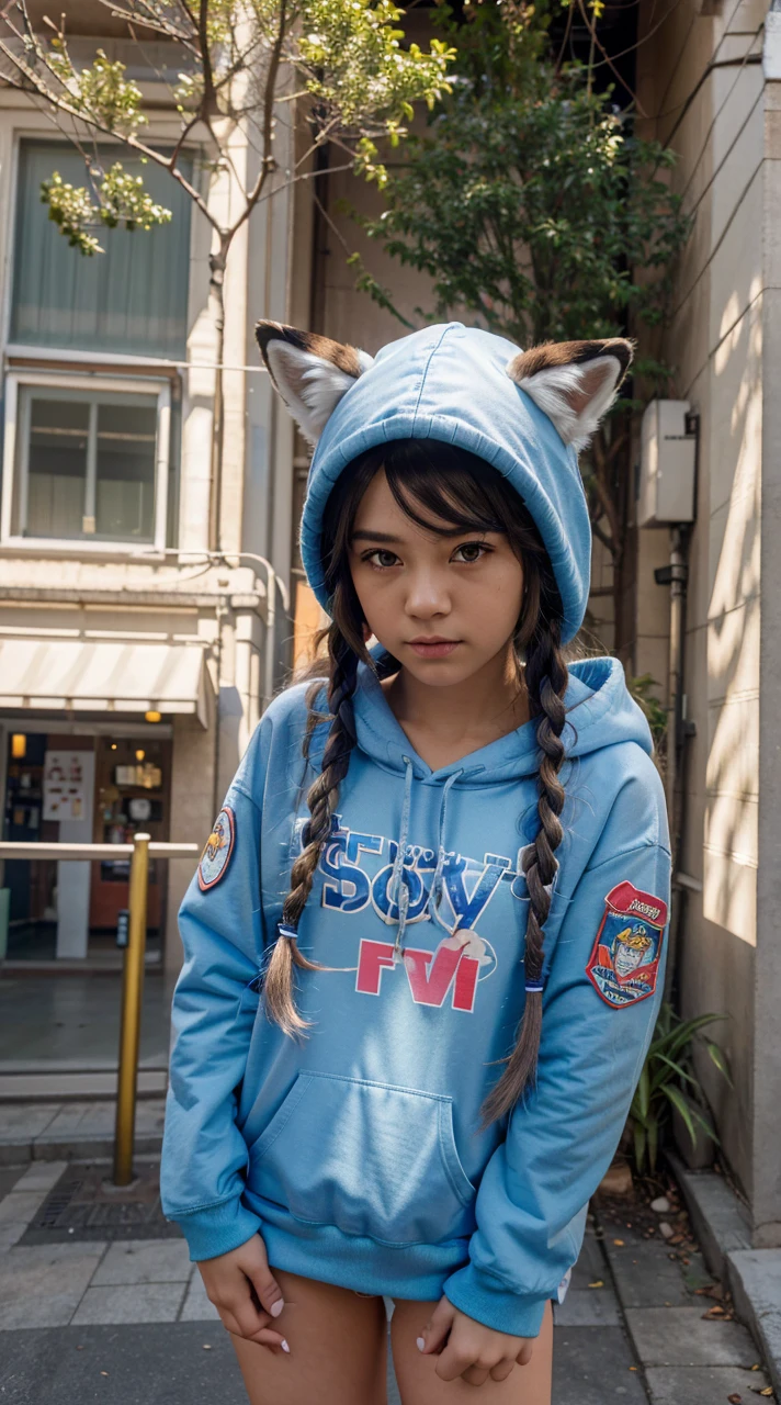 1girl, teenager, animal ears, straight-on, full body, looking at viewer, hair between eyes, hair ornament, multicolored hair, twin braids, fox tail, multiple tails, badge, bangs, blue baseball cap, clothes writing, white clothes, hood, hood down, standing, long sleeves, closed mouth, blue skirt, solo, light blush, bare tree, building, city, cityscape, day, outdoors, street, tokyo (city), tree, (best quality,4k,8k,highres,masterpiece:1.2),ultra-detailed,(realistic,photorealistic,photo-realistic:1.37),HDR,UHD,studio lighting,ultra-fine painting,sharp focus,physically-based rendering,extreme detail description,professional,vivid colors,bokeh,concept art