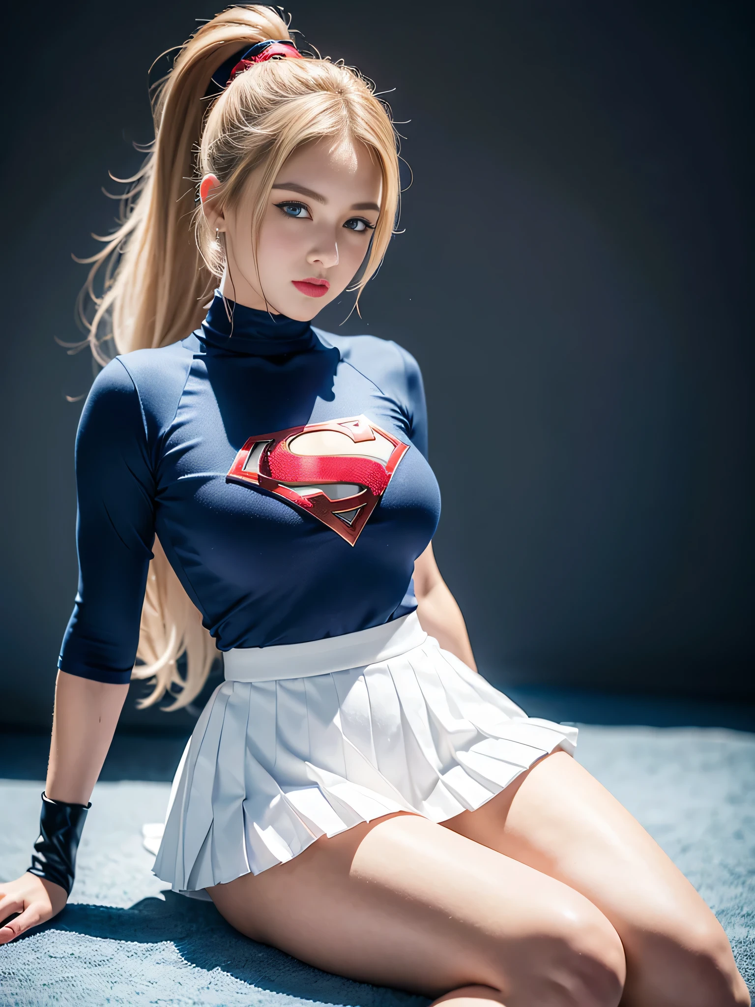 4k, realistic, charismatic, very detailed, there is a girl in the sky, dressed in a super girl costume, she is a super girl, superhero theme, blonde large hair, ponytail, 20 years, full body, (detail in the eyes), (detail in the face), incredibly beautiful, blue eyes, blush, makeup, red lipstick, miniskirt, (wide hips),  (thick thighs), small breasts, dress,, seductive pose, (extreme hourglass figure), thin, svelte, white skirt, boots, tight t-shirt, ((pleated mini skirt))