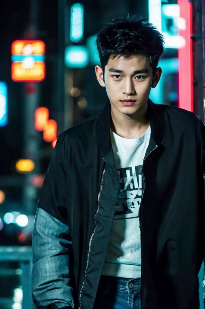 Werewolf, Thai BL actor, 18 years old, very handsome., My hair is very short and has an undercut., black jacket, Futuristic neon cyberpunk city