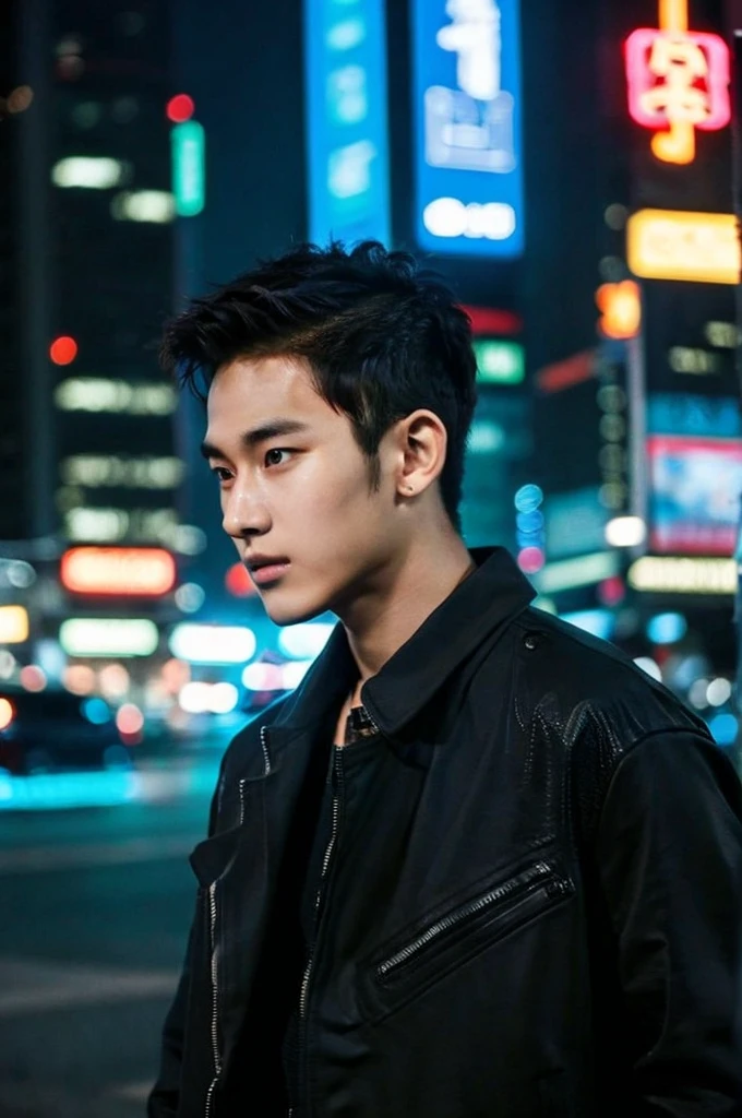 Werewolf, Thai BL actor, 18 years old, very handsome., My hair is very short and has an undercut., black jacket, Futuristic neon cyberpunk city