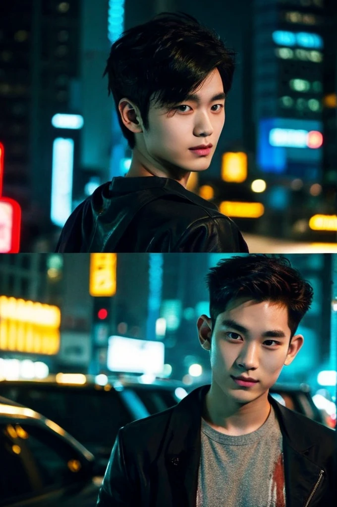 Werewolf, Thai BL actor, 18 years old, very handsome., My hair is very short and has an undercut., black jacket, Futuristic neon cyberpunk city