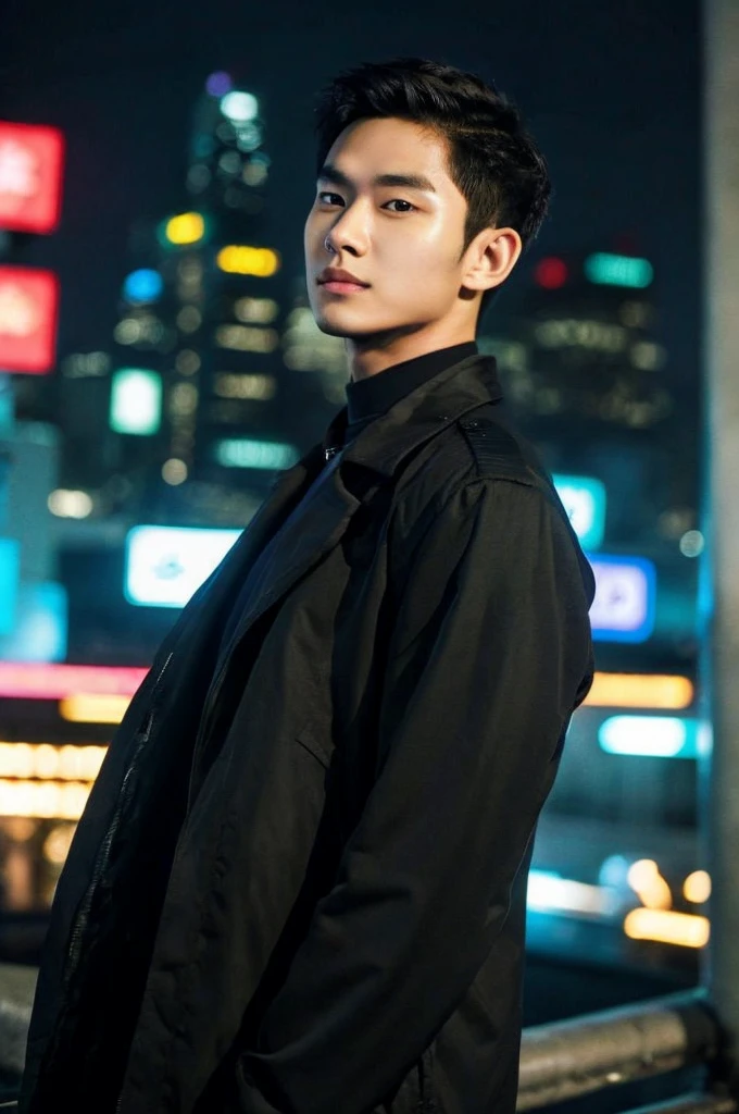 Werewolf, Thai BL actor, 18 years old, very handsome., My hair is very short and has an undercut., black jacket, Futuristic neon cyberpunk city