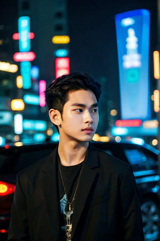 Werewolf, Thai BL actor, 18 years old, very handsome., My hair is very short and has an undercut., black jacket, Futuristic neon cyberpunk city