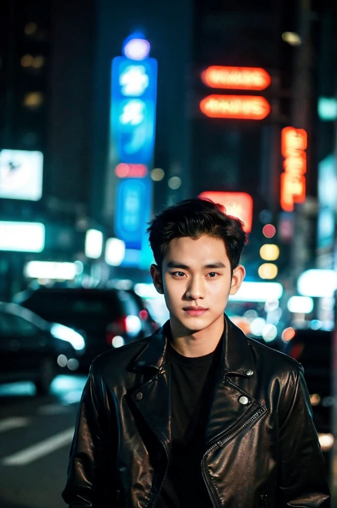 Werewolf, Thai BL actor, 18 years old, very handsome., My hair is very short and has an undercut., black jacket, Futuristic neon cyberpunk city