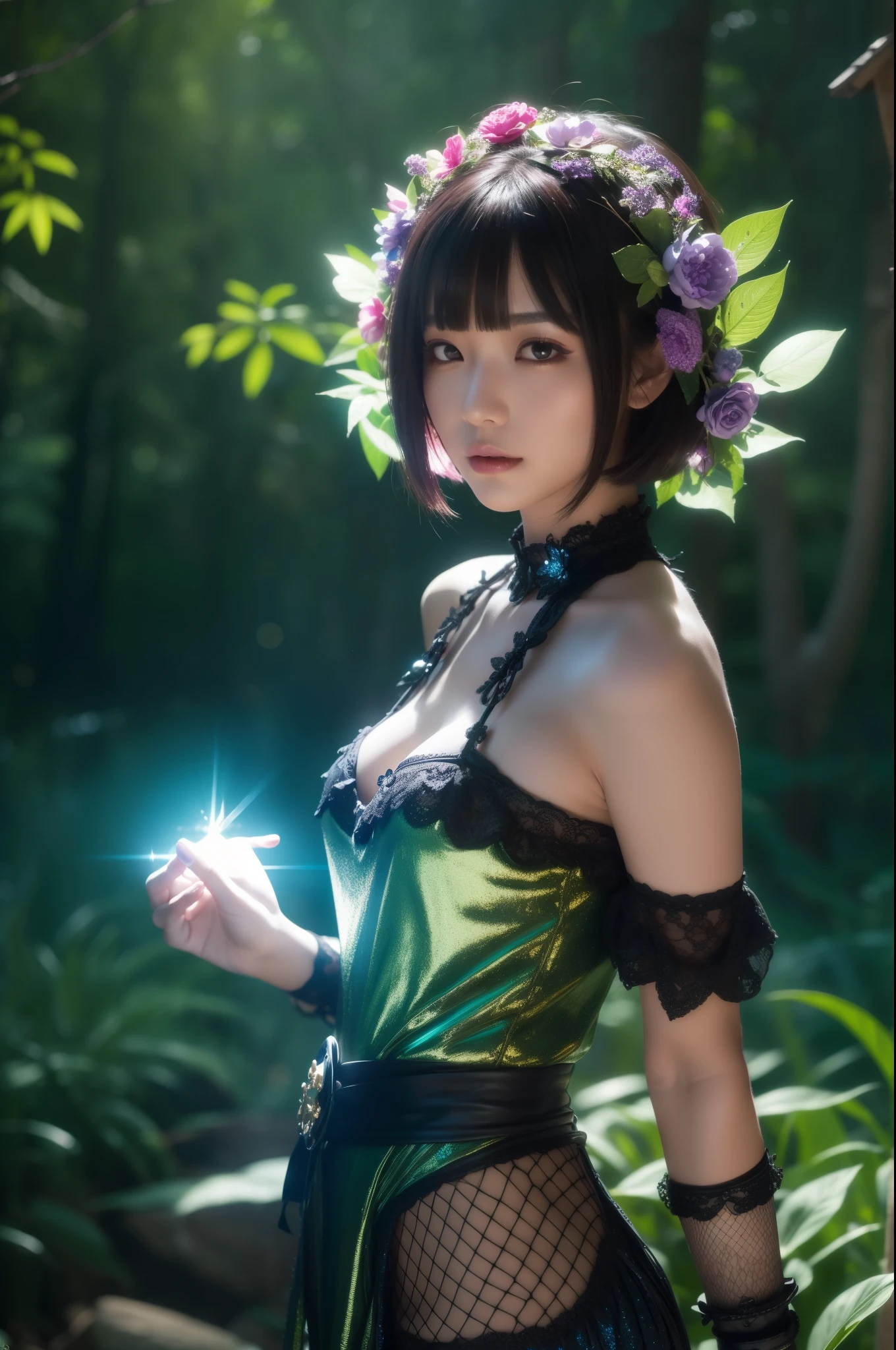 a sexy Thai model with colorful short hair, shiny sparkling dark magic forest background, sparkling poisoned enchanted flower costume, fishnet tights, skull hair accessories, controls poison, secret poison, (best quality,4k,8k,highres,masterpiece:1.2),ultra-detailed,(realistic,photorealistic,photo-realistic:1.37),vibrant colors,dramatic lighting,cinematic,hyper detailed,intricate details,fantasy art,digital painting