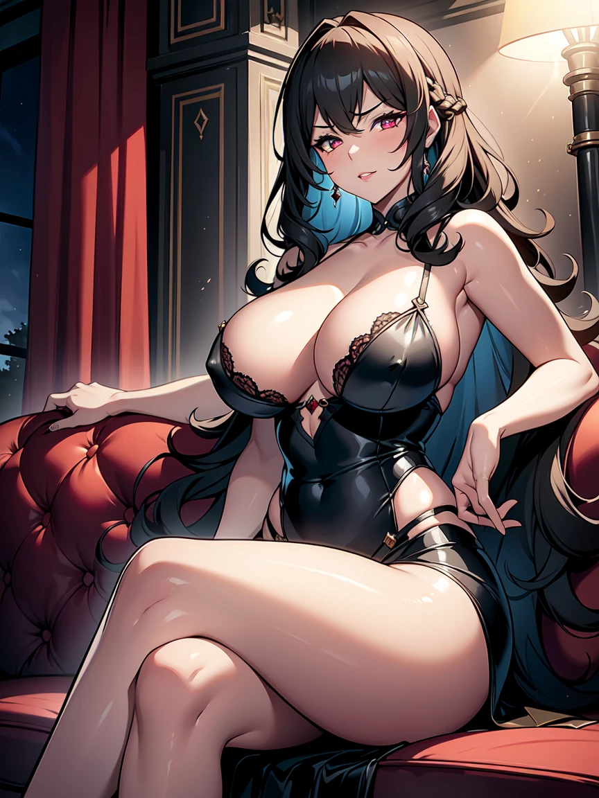 nsfw, A close-up shot of the seductive and voluptuous MILF evil stepmother, her face lit by a warm golden glow from the setting sun. She's seated on a plush couch, her legs crossed and her hands grasping a martini glass, her expression a sly smirk as she gazes directly at the camera. Her long, curly hair cascades down her back like a waterfall of darkness, and her full lips are painted a deep red to match the crimson glow of the sunset behind her. The framing is tight, emphasizing her curves and sensuality, while the low-key lighting creates a sense of intimacy and foreboding. In the background, the sound of rustling papers and ticking clocks adds to the tension as she leans forward, her eyes gleaming with malice and greed.