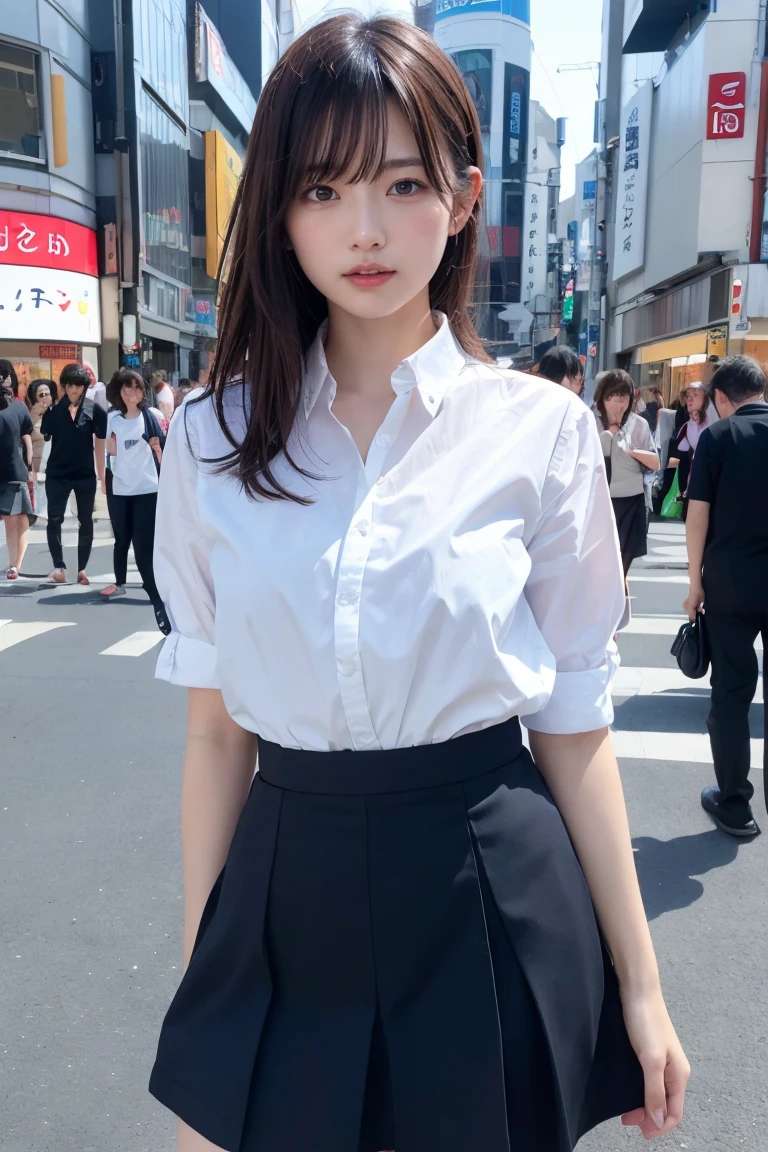 Highly detailed CG Unity 8k wallpaper、Highest quality、Ultra-detailed、masterpiece、Realistic、Photo realistic、Highly detailed cute girl、20-year-old、((Roll up the skirt yourself)))、(Lift it yourself)、Wearing panties、Panty Focus、blush、Lips parted、Looking at the audience、Underarm, Semi Body Shot、(A large number of people)、(On the streets of Tokyo)、(((Show your pubic area excitedly )))