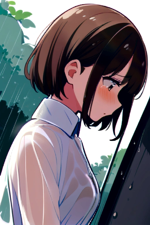 woman、Blushing、Brown Hair、Profile of a person crying while looking down、Wet with rain、Rainy outdoors、Cute clothes、See-through clothing