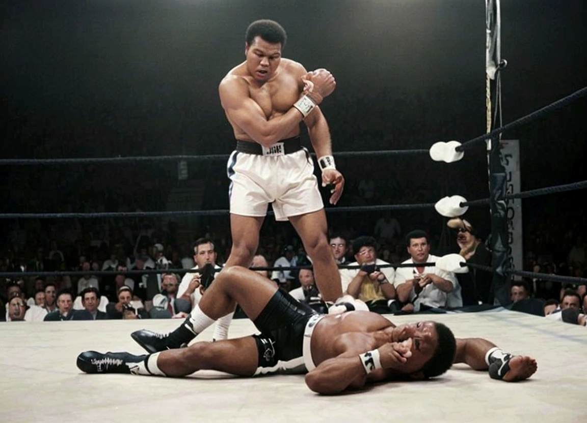 there is a man that is wrestling with another man in the ring, neil leifer, muhammad ali, very famous photo, famous photo, award winning colorized photo, famous photograph, 1960s-era, powerful photo, the best ever, beautiful image ever created, winning photo of the year, winning photo, by Greg Spalenka, colorized