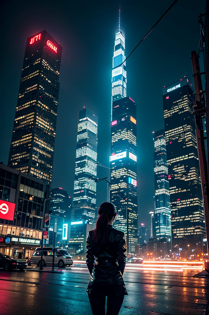 Ultra-high resolution、8K、Back view of a woman looking down from a skyscraper、Futuristic Cyberpunk Metropole, Shining skyscrapers、Golden neon street、A spectacular dystopian atmosphere, Vivid and inspiring, Luminescent cascading rain, light.