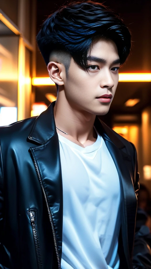 Werewolf, Thai BL actor, 18 years old, very handsome., My hair is very short and has an undercut., black jacket, Futuristic neon cyberpunk city