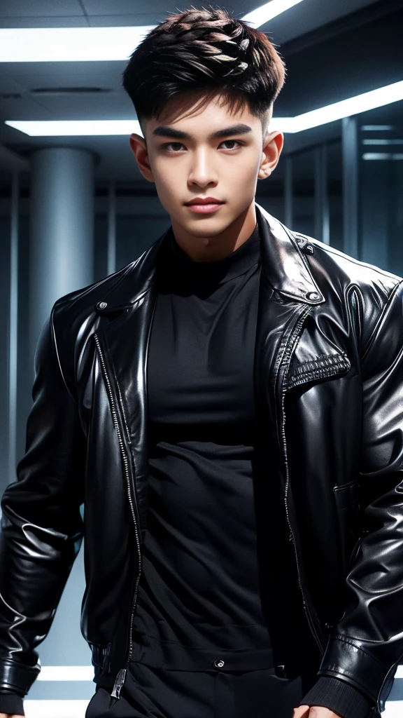 Werewolf, Thai BL actor, 18 years old, very handsome., My hair is very short and has an undercut., black jacket, Futuristic neon cyberpunk city