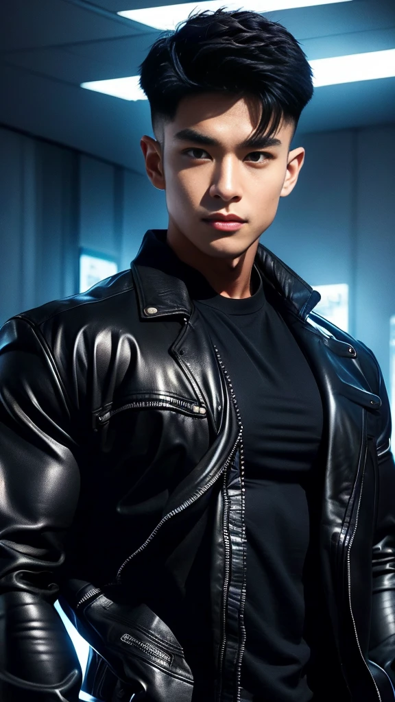 Werewolf, Thai BL actor, 18 years old, very handsome., My hair is very short and has an undercut., black jacket, Futuristic neon cyberpunk city