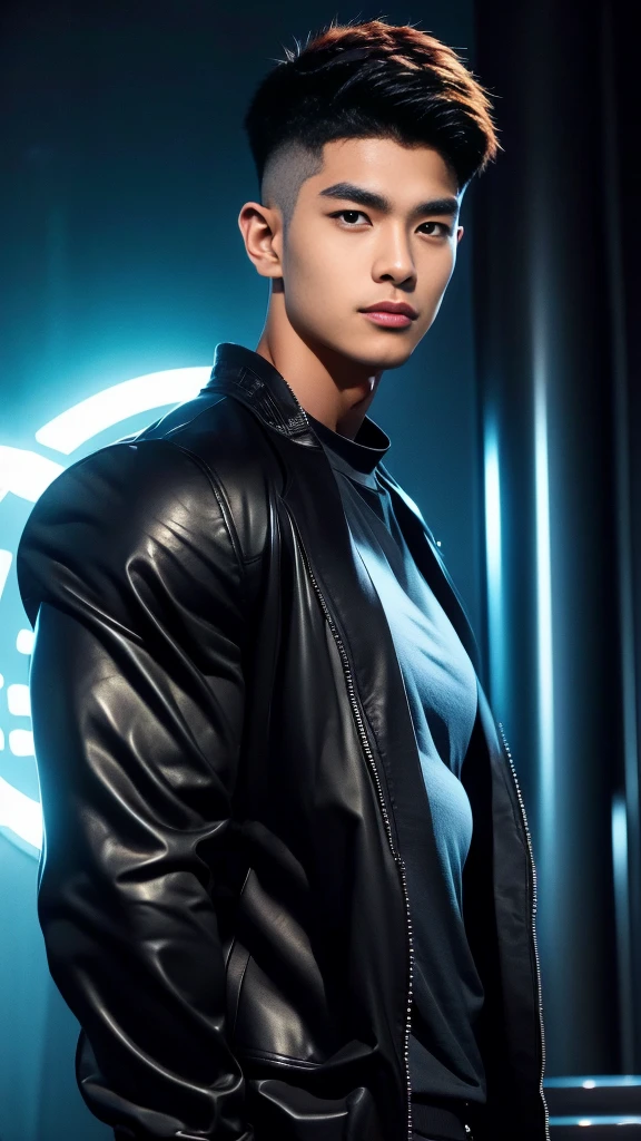 Werewolf, Thai BL actor, 18 years old, very handsome., My hair is very short and has an undercut., black jacket, Futuristic neon cyberpunk city