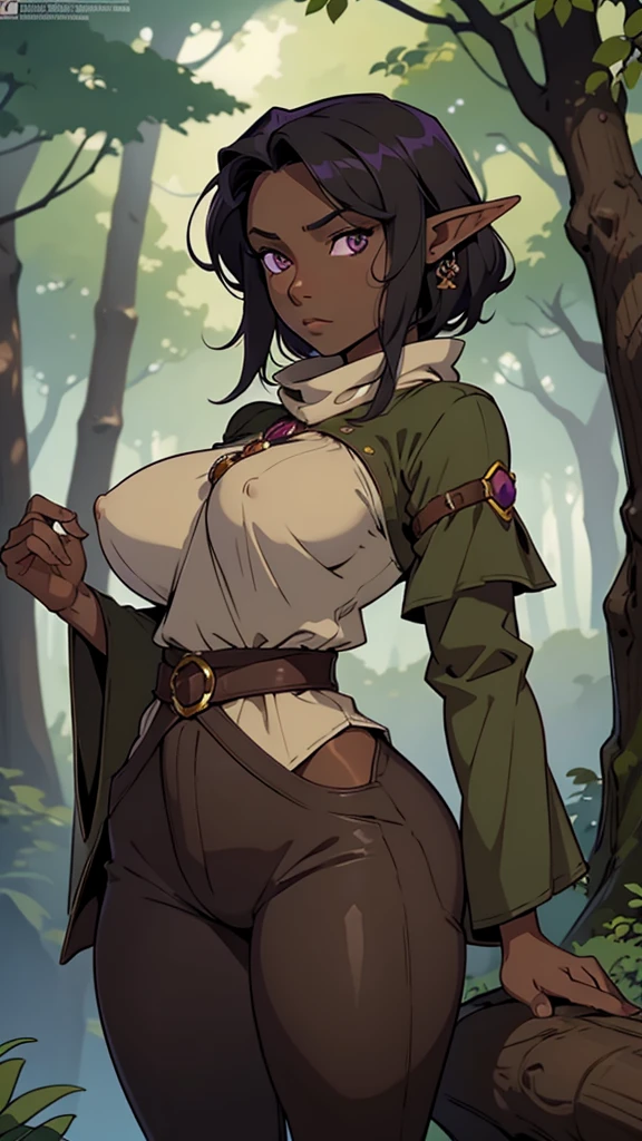 Solo, female, (dark skin), black hair, purple eyes, big breasts, tan tunic, forest, elf earowl cut), modest clothing, tight brown pants, deadpan expression, looking at viewer, breasts,nsfw