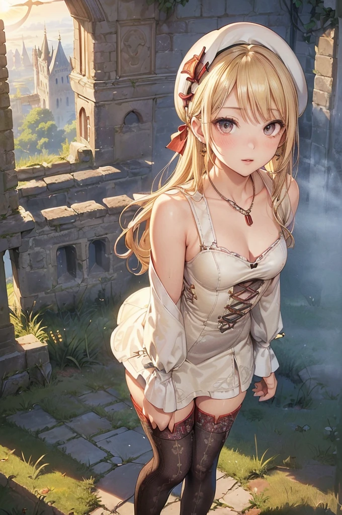 ((Biologically correct limb count))、(( From head to toe、Full-body photo including face))、4K、((Standing position))、masterpiece、((Focus on the face))、((Symmetrical facial features))、Eyes with detailed description、Beautiful woman、Great style、Beautiful arms、Beautiful legs、Beautiful Hands、(Small Ass、Thin thighs)、Facial detailing、Small earrings、necklace、(beret、red gothic dress、((High heels、Patterned stockings)))、((Standing in front of an old castle in the setting sun, looking up))、Close-up photo of the upper body、gloves、(((Blonde)))、(Thick fog)