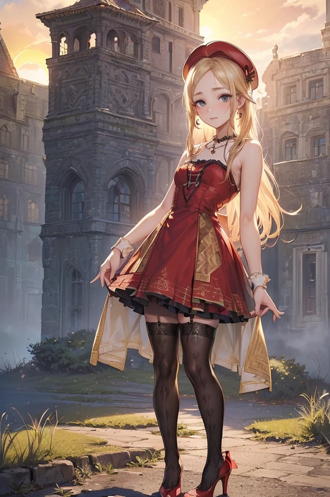 ((Biologically correct limb count))、(( From head to toe、Full-body photo including face))、4K、((Standing position))、masterpiece、((Focus on the face))、((Symmetrical facial features))、Eyes with detailed description、Beautiful woman、Great style、Beautiful arms、Beautiful legs、Beautiful Hands、(Small Ass、Thin thighs)、Facial detailing、Small earrings、necklace、(beret、red gothic dress、((High heels、Patterned stockings)))、((Standing in front of an old castle in the setting sun, looking up))、Close-up photo of the upper body、gloves、(((Blonde)))、(Thick fog)