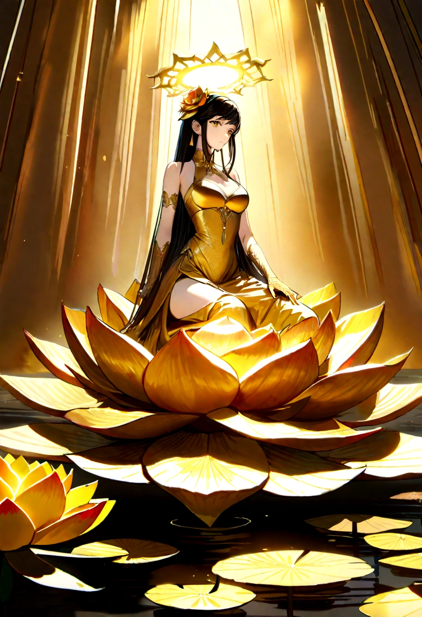 A golden water lily, lotus petals, radiating golden light, Lotus, with lotus flowers, glowing golden aura, a golden halo, soft golden light, glowing delicate flower, lotuses, gold ethereal light, gold flowers, sitting on a lotus flower, gilded lotus princess, Golden glow, Golden light, golden background with flowers, (extremely detailed CG unity 16k wallpaper:1.1), (Denoising strength: 1.45), (tmasterpiece:1.37), ray tracing, god rays, UHD, award winning