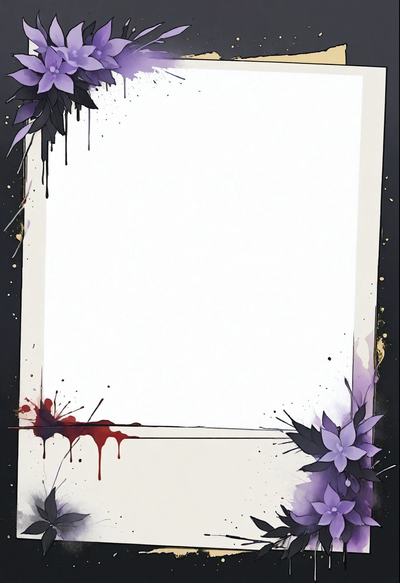 A card border UI,Modern urban minimalist style,Suspense style,Profile Style。Leave a square blank space in the middle,Parchment backing,There are blood stains on it。Black and White、yellowish、Lilac main color。
