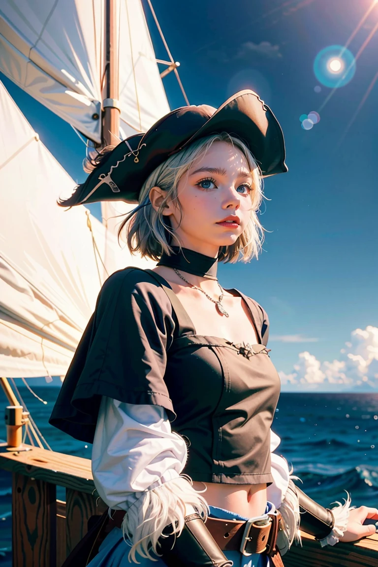 female cat furry, fantasy medieval pirate, saber in a hand, bandana, pirate hat, cocked hat, on a ship, sails, ocean and sky on background, only character, correct female anatomy, beautiful woman anthro, cat head, furry art by greg rutkowski, digital art by artgerm, detailed art, masterpiece, digital painting, correct anatomy