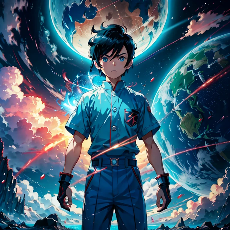 (Astro boy)、Pluto、Netflix Anime、１１Year old boy、（fly in the sky）、anger、Grit your teeth、Hold your breath、upset、evil、Disgust、excited、Light blue eyes、Red eyes、Surrealism、Anaglyph、Subjective、Atmospheric Perspective、realism、Motion Blur、reflected light、Backlight、Letterbox、Multiple Perspectives、Shorthand、Satellite Imagery、Wide angle、8K、Super detailed、Highest quality、uhd、解剖学的にcorrect、correct、High resolution、Award-winning、16K、1080P、particle, 