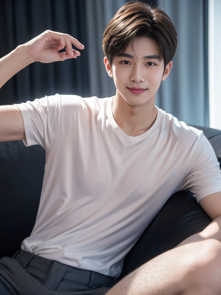 male handsome 20-year-old handsome shirt guy，looking to the camera，frontage，high qulity，tmasterpiece，8K.4K,1080P，Light-sensitive, ยิ้ม
