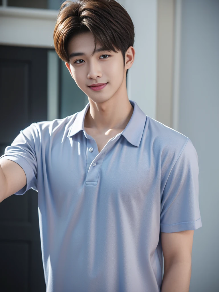 male handsome 20-year-old handsome shirt guy,looking to the camera,frontage,high qulity,tmasterpiece,8K.4K,1080P,Light-sensitive, ยิ้ม