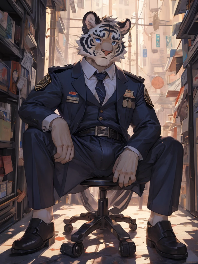 {{bara extremely handsome white tiger,}} {{white fur,}} white, wearing military like purple trench coat, purple trousers, white dress shirt and necktie, white fluffy furry body and limbs, loafers, very tall, very broad shoulders, narrow waist, muscular arms, massive pecs, purple eyes, very long legs, sitting on swivel chair with legs spread, massive bulge, reading file, sophisticated smart look, full body, sunlight casting over, 3/4 view, best quality, high quality, silver earring on left ear, dead stare, cold expression