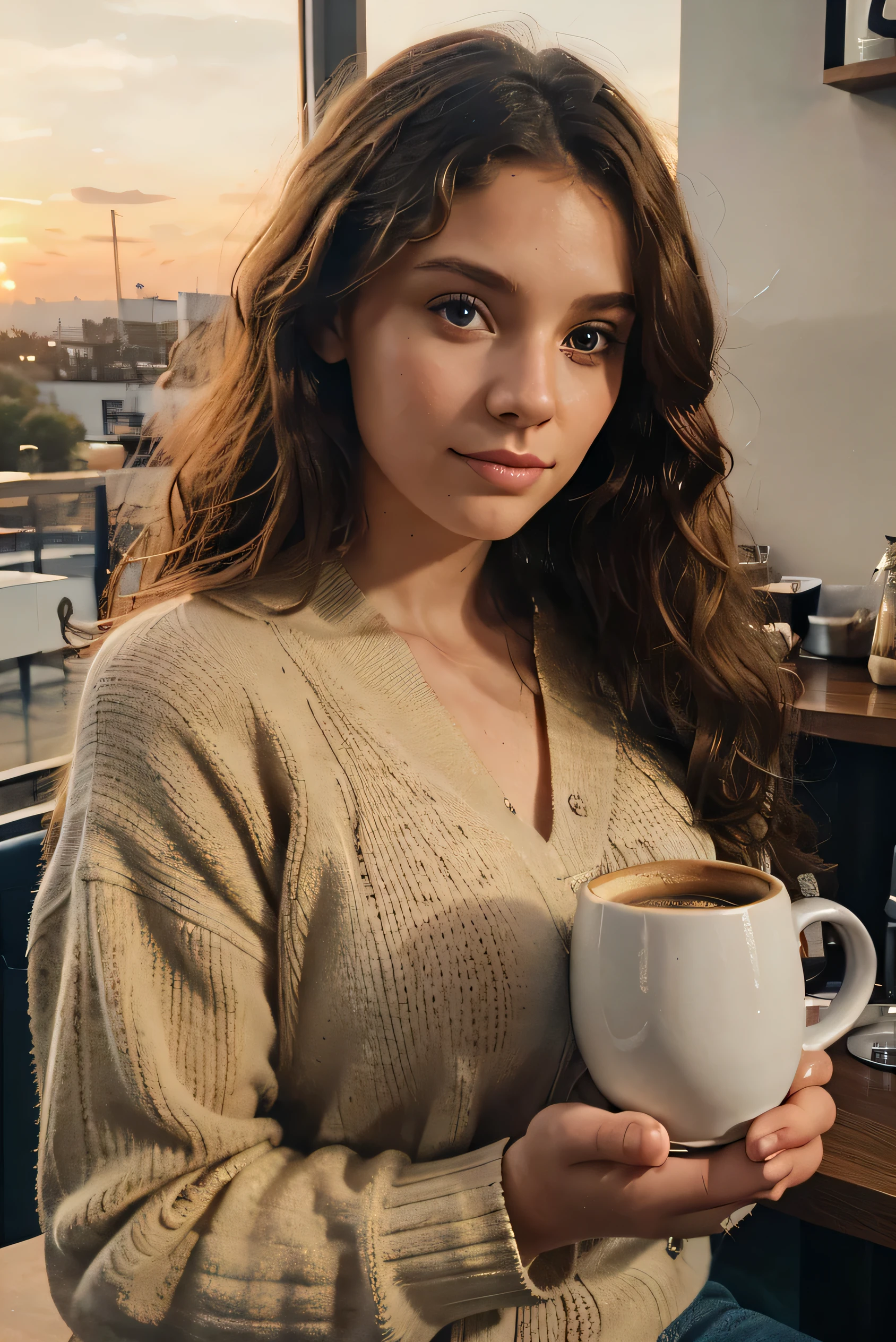 Belle brown portant un pull beige (Holding a cup of coffee in a modern cafe at sunset), very detailed, 21 ans, Visage innocent, natural curly hair, blue eye, high resolution, head of'artwork, best quality, intricate details, very detailed, mise au point nette, detailed skin, texture de peau réaliste, texture, detailed eyes, professionnel, 4K, charming smile, filmed in Canon, 85 millimeters, shallow depth of field, Kodak Vision Color, corps parfaitement ajusté, extremely detailed, Photograph_\(ultra\), photorealistic, realistic, Post-traitement, Maximum details, roughness, real life, ultra realistic, photorealism, photographie, 8k uh, photographie