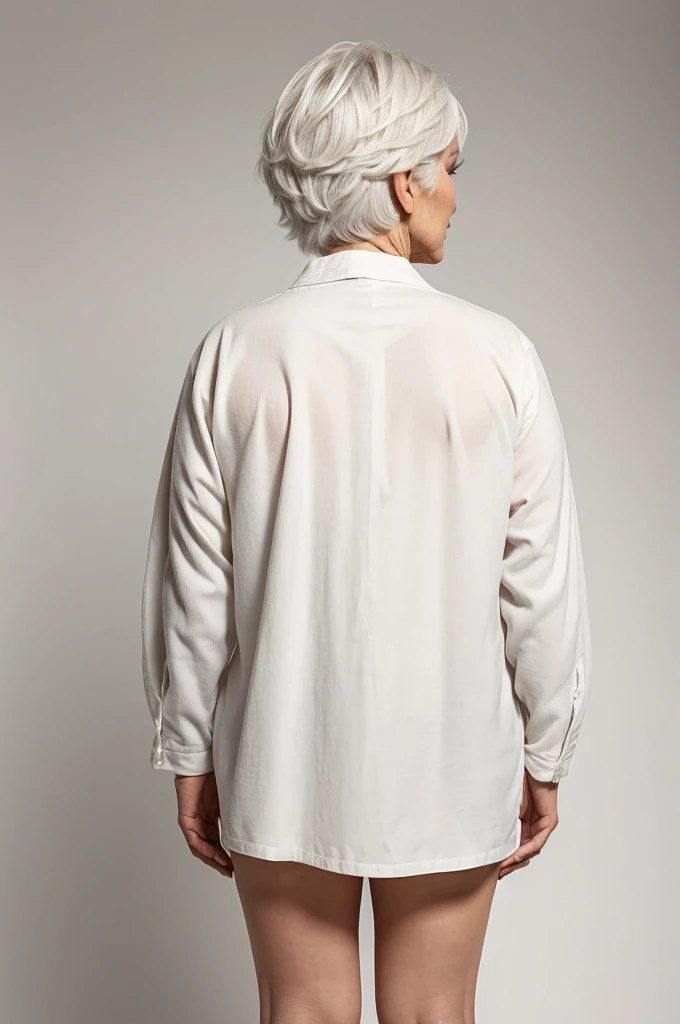 a full-length old grandmother in a wheelchair and with white hair on her back with a white background