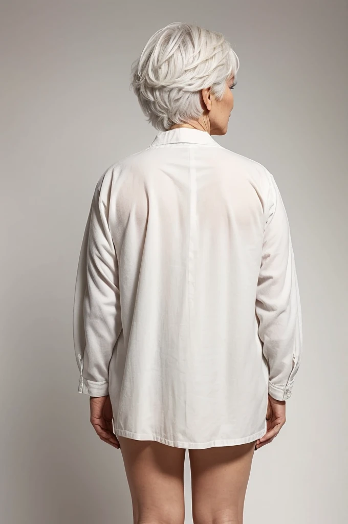 a full-length old grandmother in a wheelchair and with white hair on her back with a white background