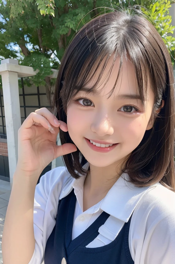 (Highest quality,8K quality,masterpiece:1.3),(超A high resolution,Photorealistic:1.4,RAW Photos),(Very detailed,Caustics,Detailed Background),(Ultra-Realistic Capture,Fine and beautiful skin,Perfect Anatomy),Daytime,School,Schoolyard,18-year-old,cute,single eyelid,Black Hair,Schoolのブレザーの制服,Laughter,Bust up shot,Natural soft light,photorealistic,I can see your feet,b-cup,Erotic,cute下着,I can see your underwear