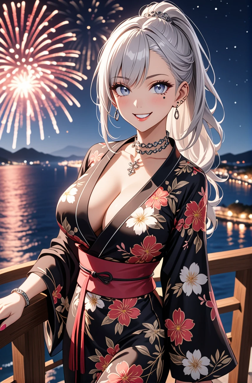((One personの女性)), Beautiful Face, (Laughing embarrassedly), (smirk:1.4), ((Wink:1.3)), (head tilt:1.3), Laugh with your mouth wide open, upper teeth, looking at viewer, ((full-face brash:1.5)), Glossy Red Lips, ((Big Breasts:1.3), night,Terrace with sea view, firework, Glossy pink lips, (Shining Face), ((Anime style background)),masterpiece, Highest quality, so beautiful,up to date, Complex details, (Pink long nails), (nail art), (ring),(bracelet),(Floral choker), (ring helix piercing:1.7), AI-generated, Complex,High resolution, Highest quality, super high quality,3D Images、3D Images,One person,Long white hair,High Ponytail, Anime woman posing for a photo, ((silver eyes:1.6)), ((Fine grain、blue eyes、Shining Eyes:1.3)), (Squint your eyes:1.1),a hyperRealistic , hyperRealistic , Realistic,Anime woman with long white hair, Smooth anime CG art, (A woman in a colorful kimono with gold embroidery), ((Black long sleeve kimono:1.3)), Red floral pattern,Long flower hair ornament,Earrings,Mature Body,Tall,Abdominal muscles,Tight waist, ((Zoom in on face:1.5)), (dutch angle:1.3),