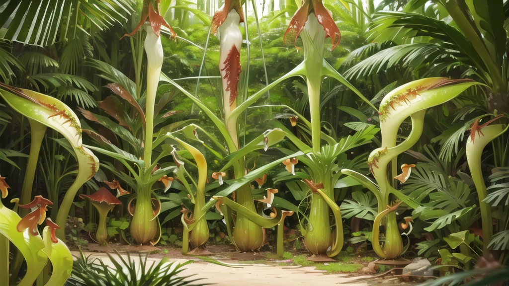 (tropical pitcher plants :1.5),with a large mouth and sharp teeth.,in the forest, landscape:1.5