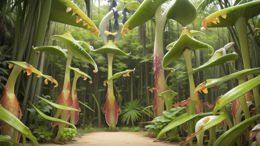 (tropical pitcher plants :1.5),with a large mouth and sharp teeth.,in the forest, landscape:1.5